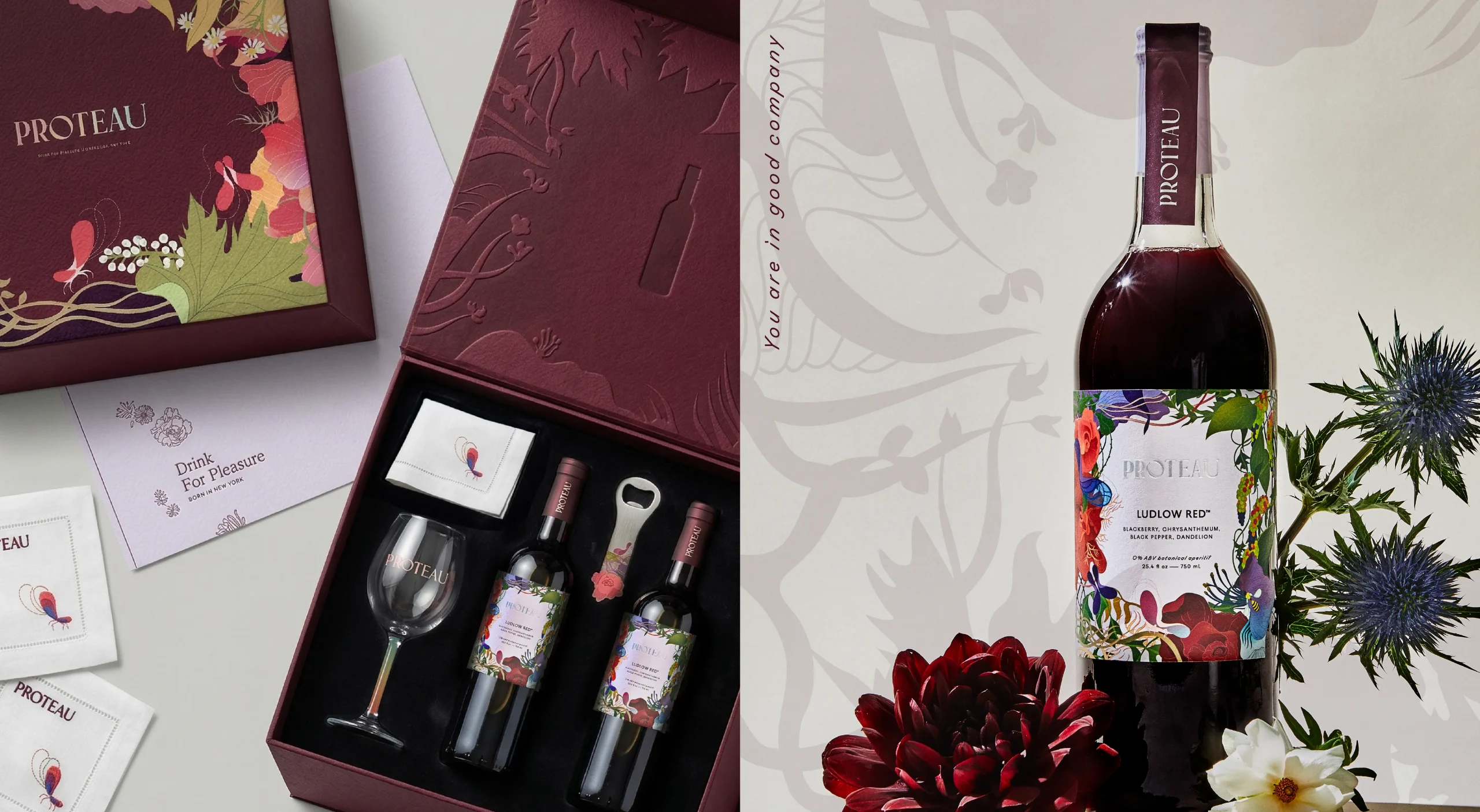 Proteau non-alcoholic botanical aperitif brand design system highlighting influencer kit, product photography, and branded gift packaging.