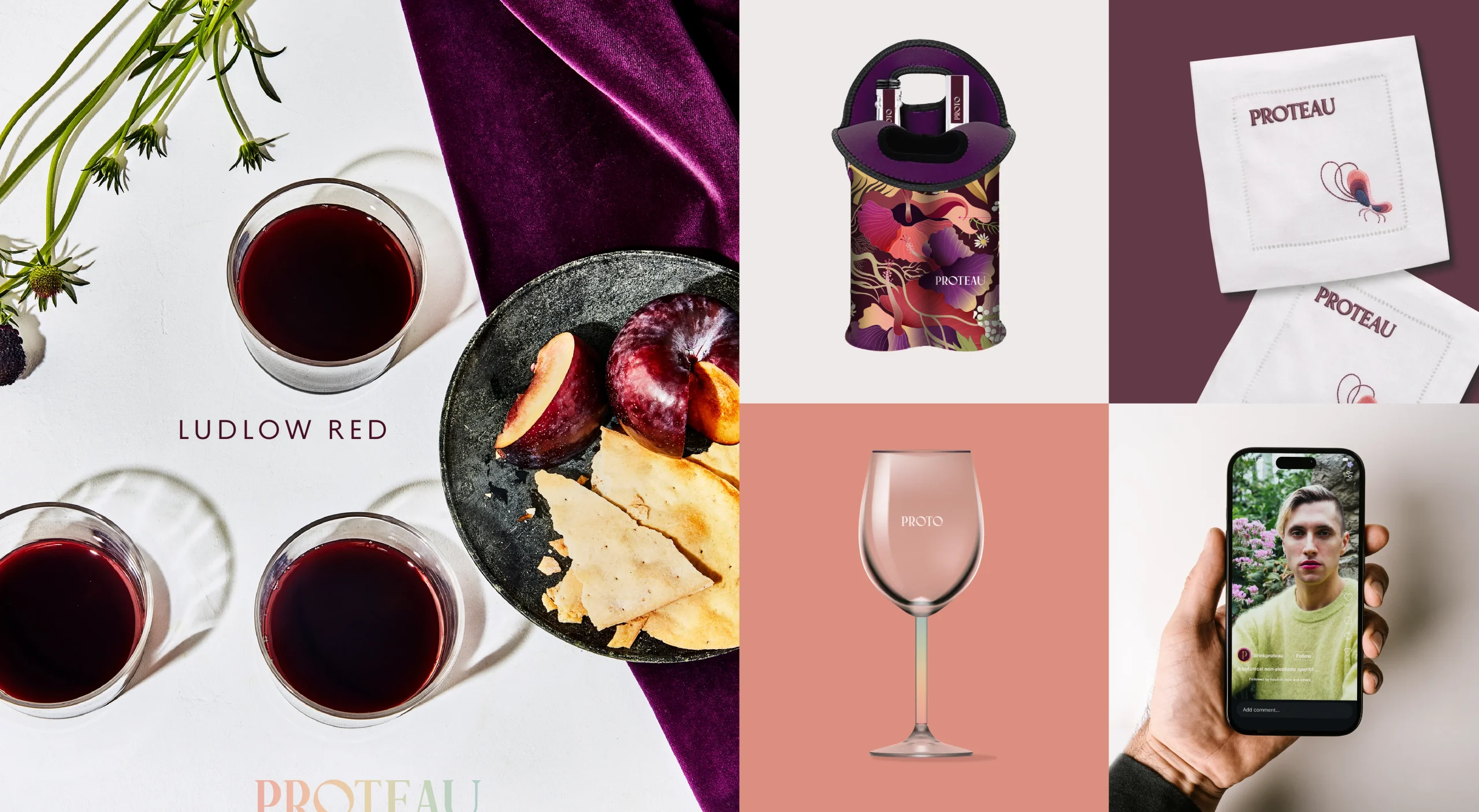 Proteau non-alcoholic botanical aperitif brand design system showcasing brand messaging, visual identity, and branded collateral.