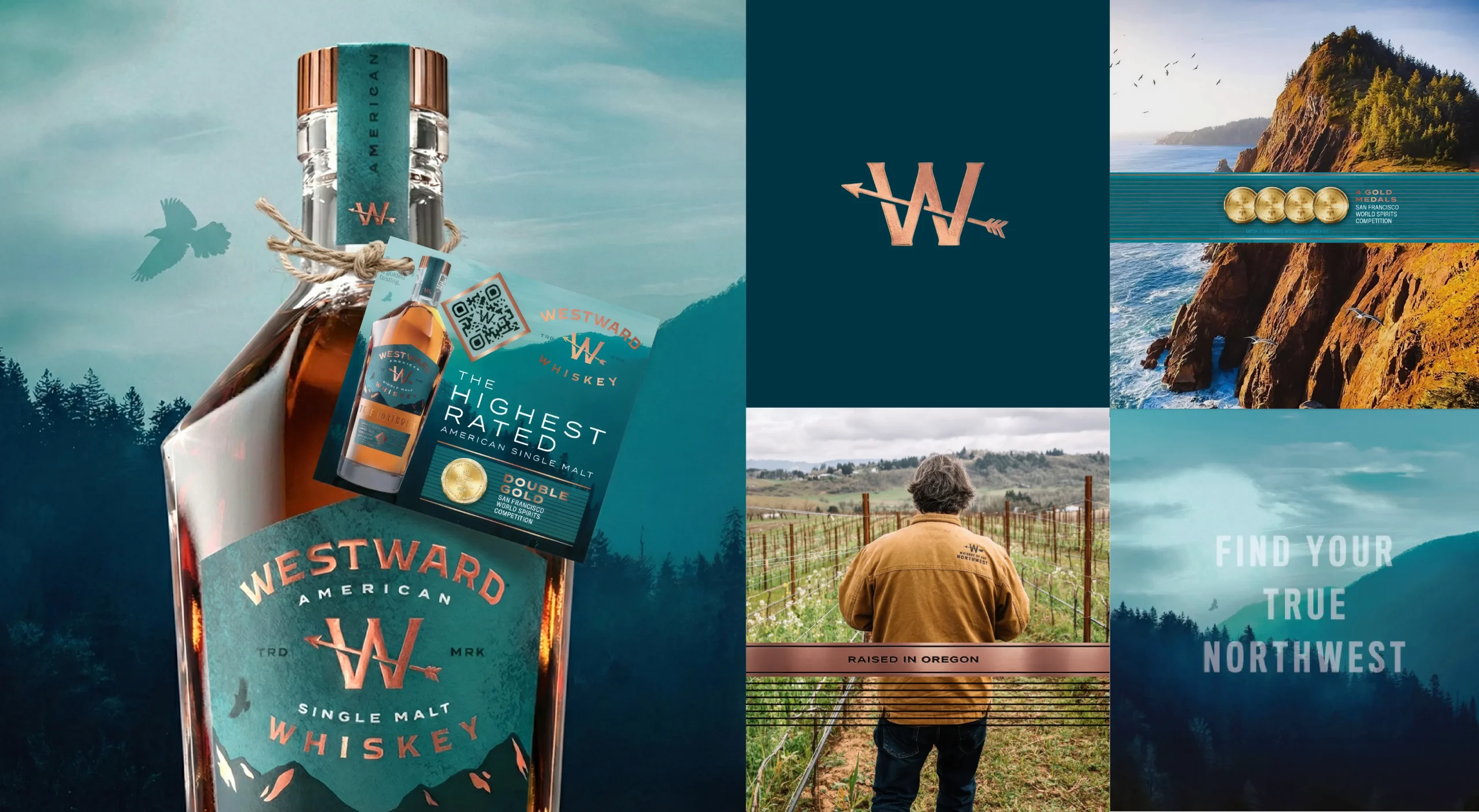 Westward Whiskey American single malt brand design system showcasing brand storytelling, print materials and brand photograpy