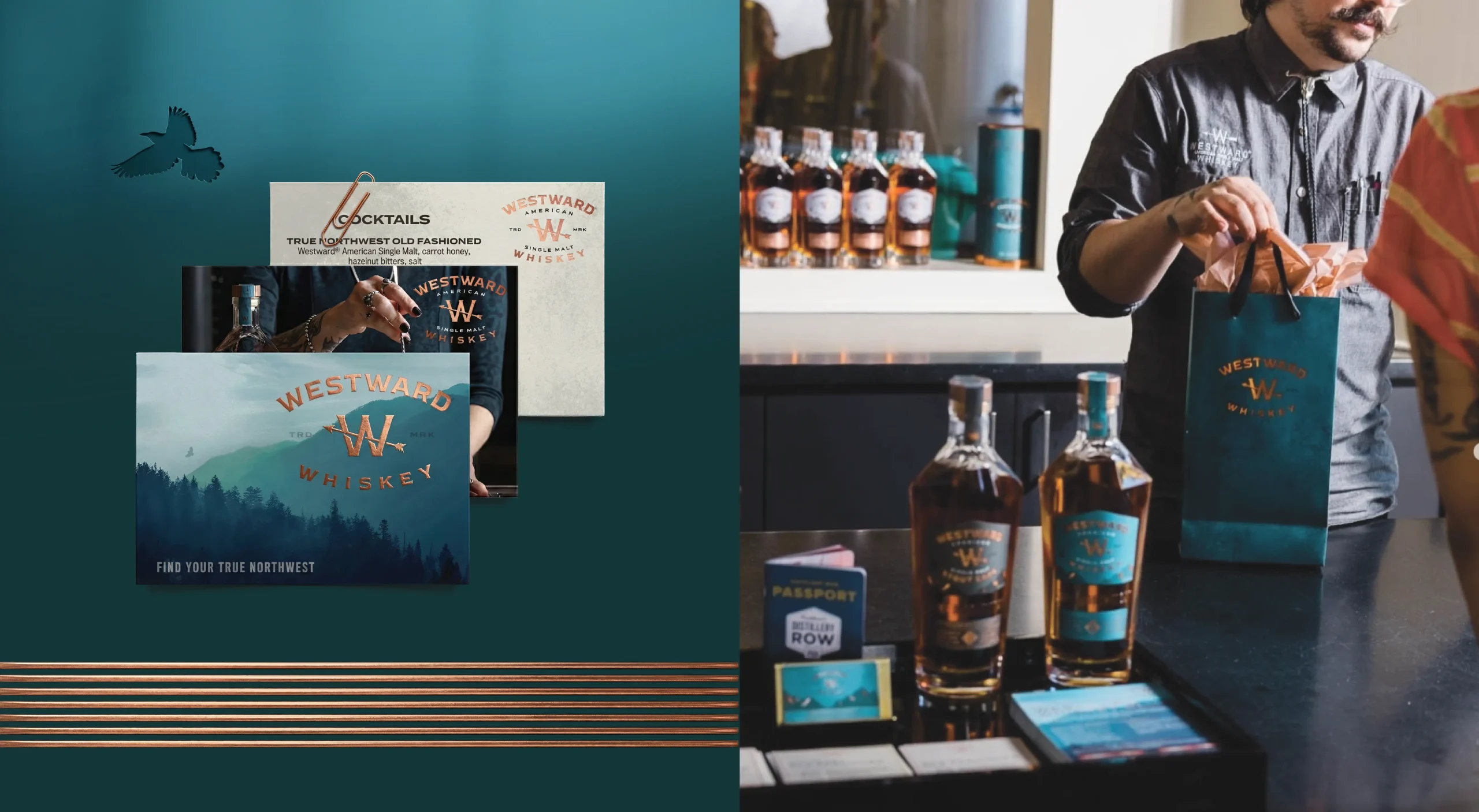Westward Whiskey brand design system showcasing on-premise cocktail menu card, print materials, branded retail shopping bags, and tasting room experience.