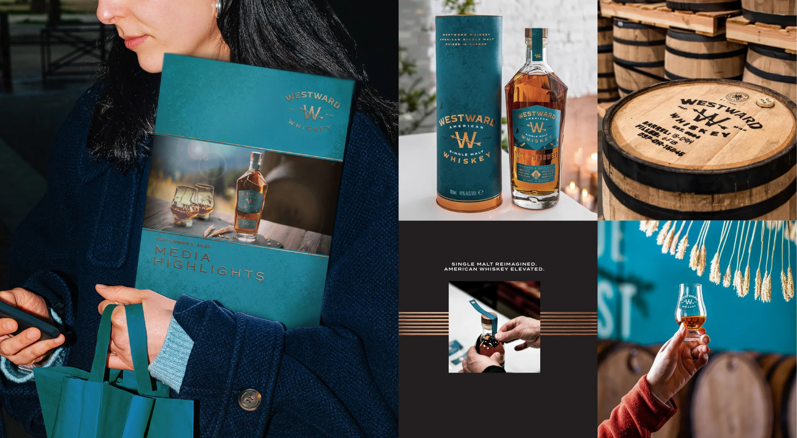 Westward Whiskey brand design system showcasing media highlights brochure, including secondary packaging canisters, brand photography and branded event materials.