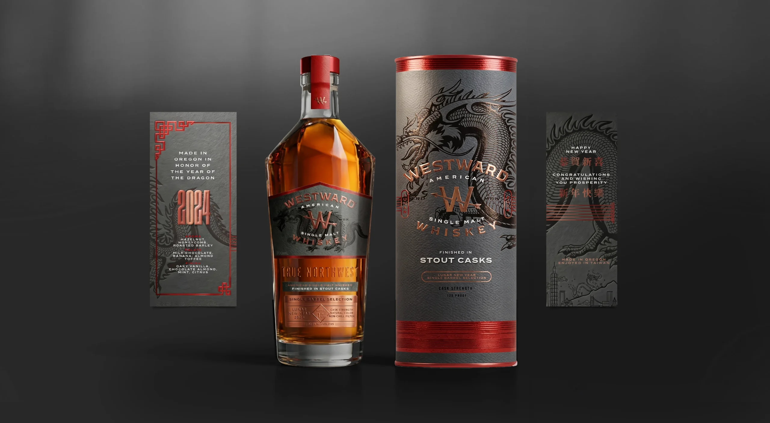 Westward Whiskey brand design system featuring Lunar New Year 2024 Year of the Dragon limited edition single barrel selection finished in stout casks with custom bottle label, canister packaging, tasting notes card, and bilingual greeting card.