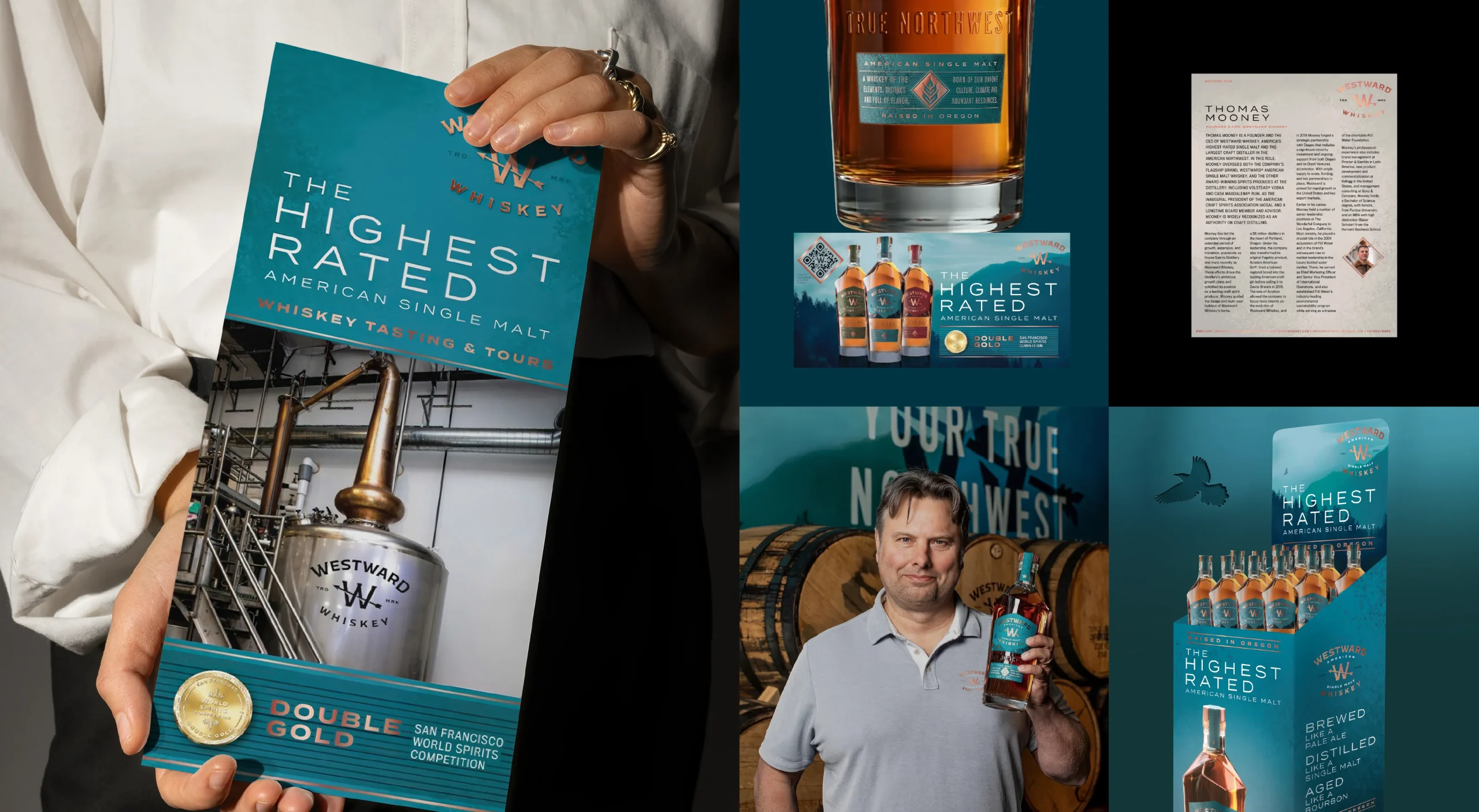 Westward Whiskey brand design system featuring distillery tours and tasting brochure with Double Gold award, point-of-sale display, and in-store case stack and POS design.