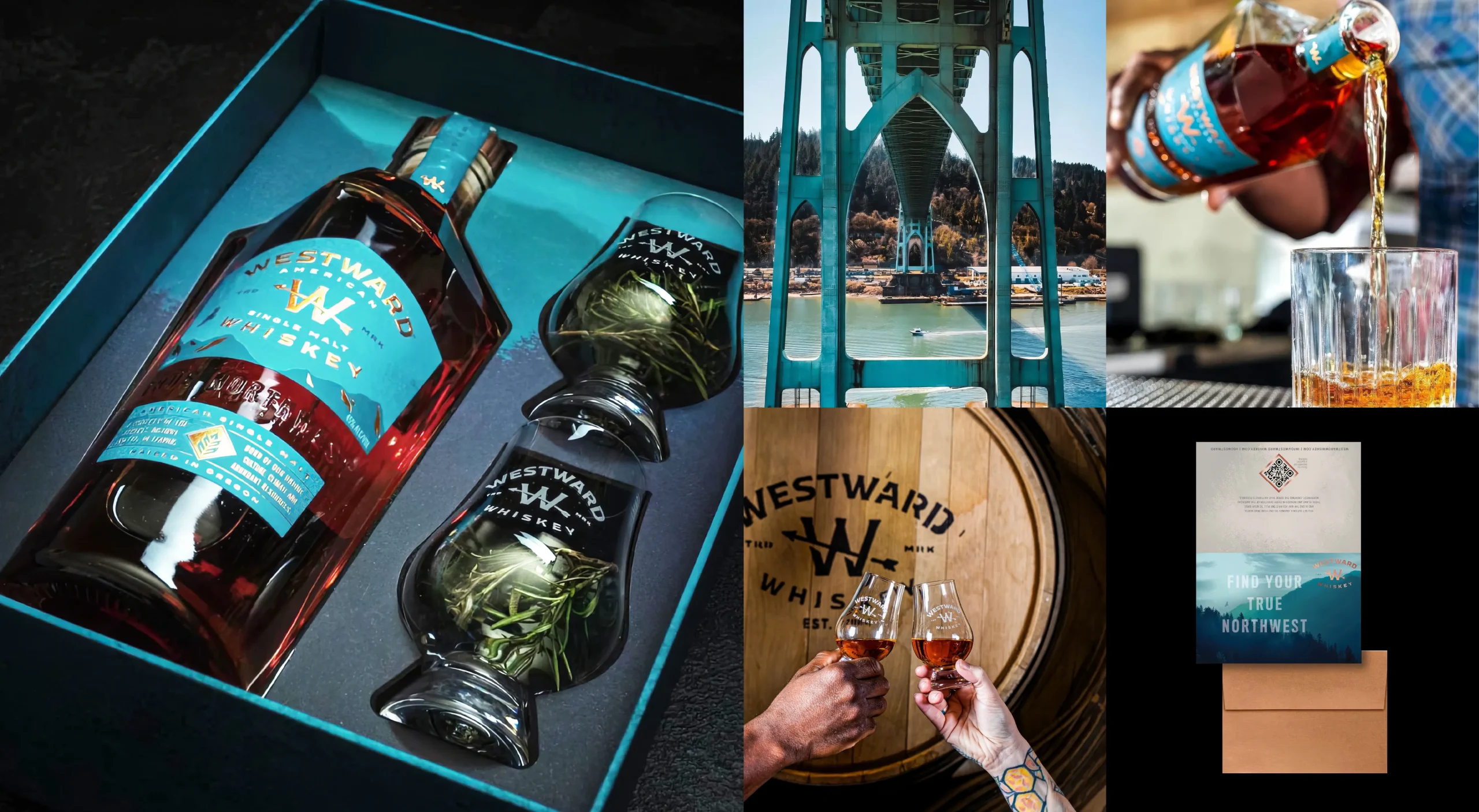 Westward Whiskey brand design system showcasing premium gift box with branded Glencairn glasses, Portland lifestyle imagery, branded barrel, and gift card design.