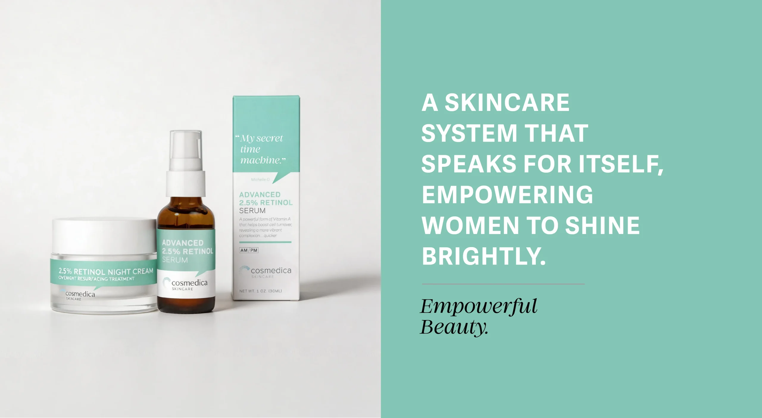Cosmedica Skincare brand design system showcasing brand storytelling, customer testimonials, and premium packaging design for dermatologist-recommended facial serums and cleansers.