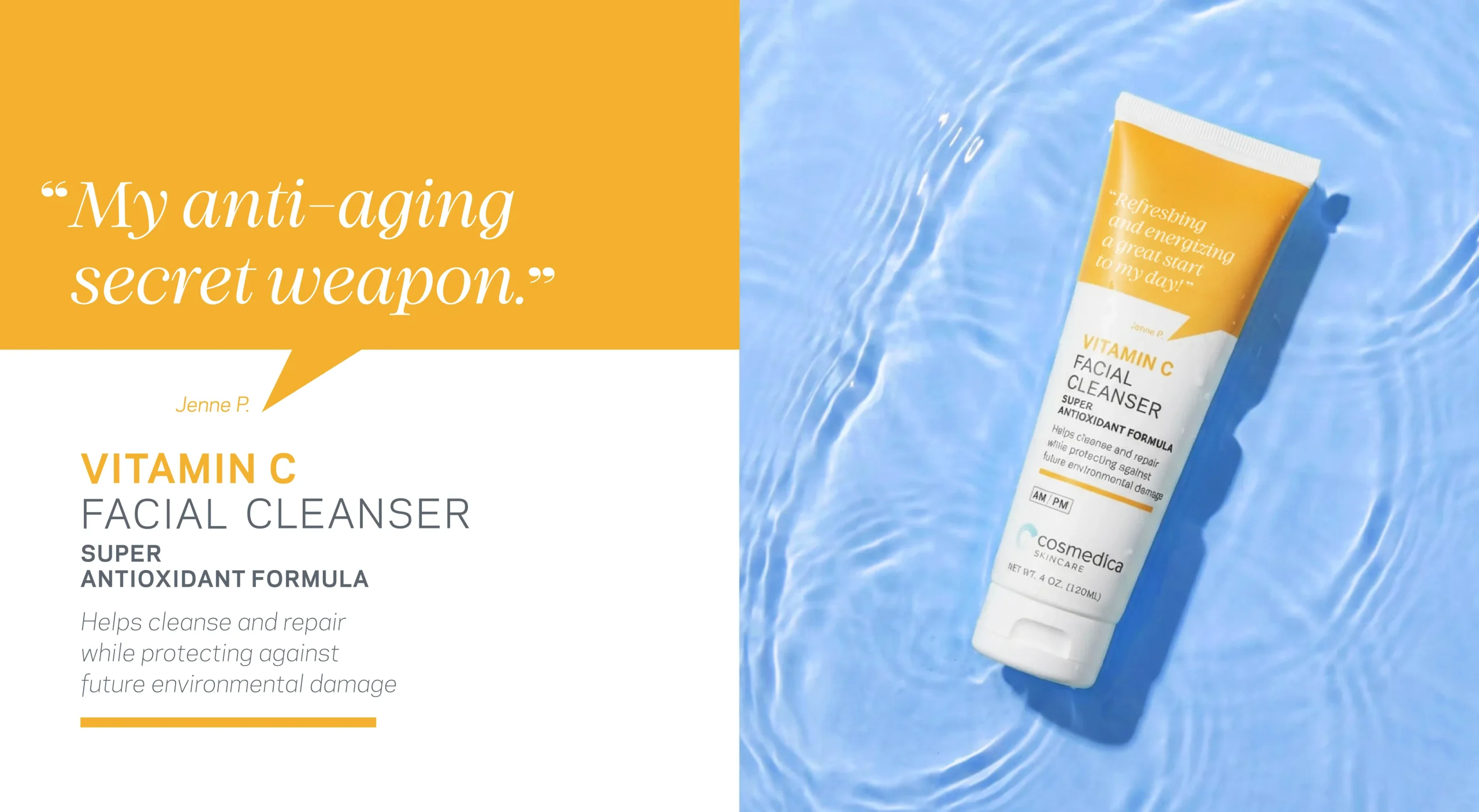 Cosmedica Skincare brand design system showcasing brand messaging, product photography, and packaging design for advanced Retinol and Vitamin C anti-aging skincare treatments.