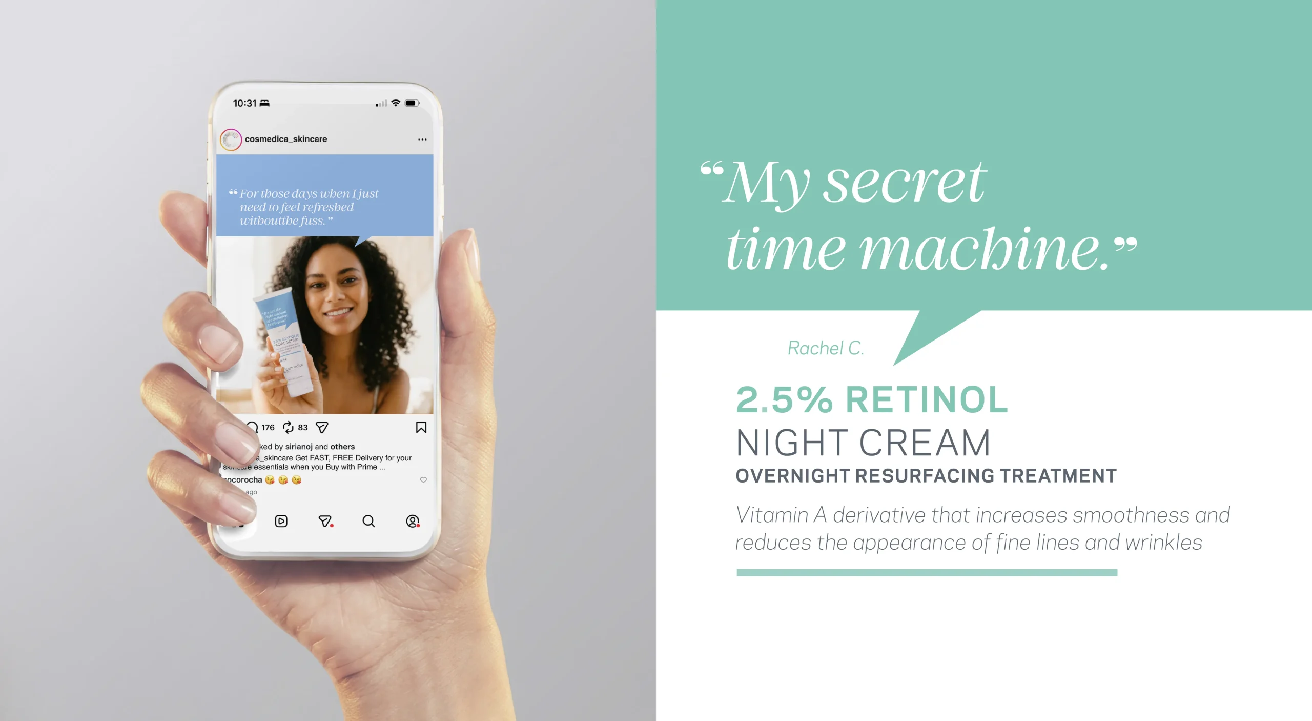 Cosmedica Skincare brand design system showcasing brand strategy, storytelling, social media content design, and influencer marketing materials for direct-to-consumer skincare.