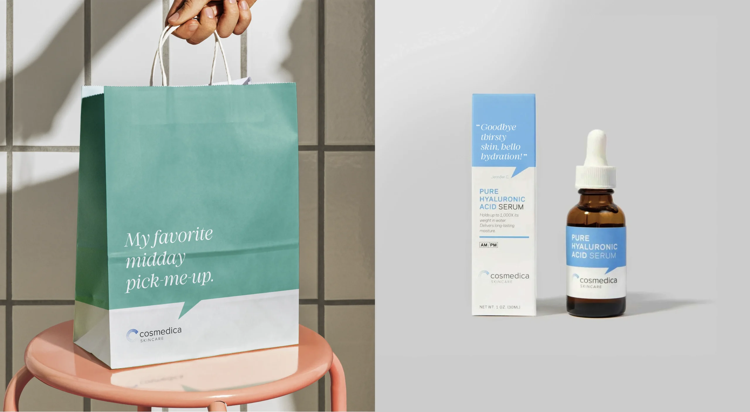 Cosmedica Skincare brand design system showcasing brand strategy, visual identity, package design, and product family photography for Hyaluronic Acid and Glycolic Acid skincare collections.