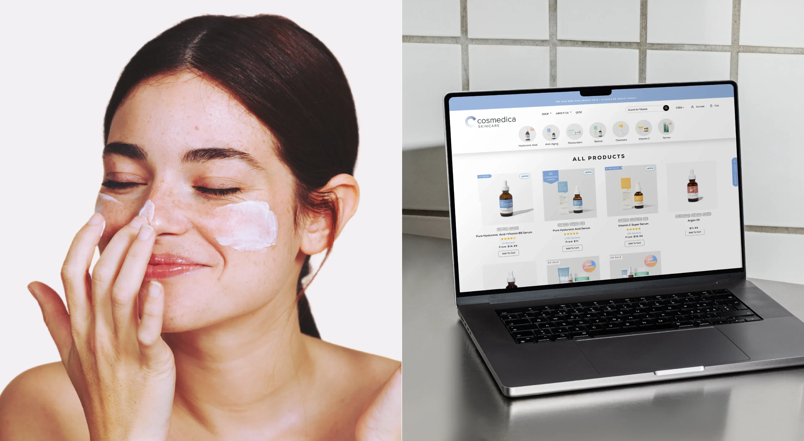 Cosmedica Skincare brand design system showcasing editorial brand photography, website design, and digital marketing materials for professional-grade skincare products.