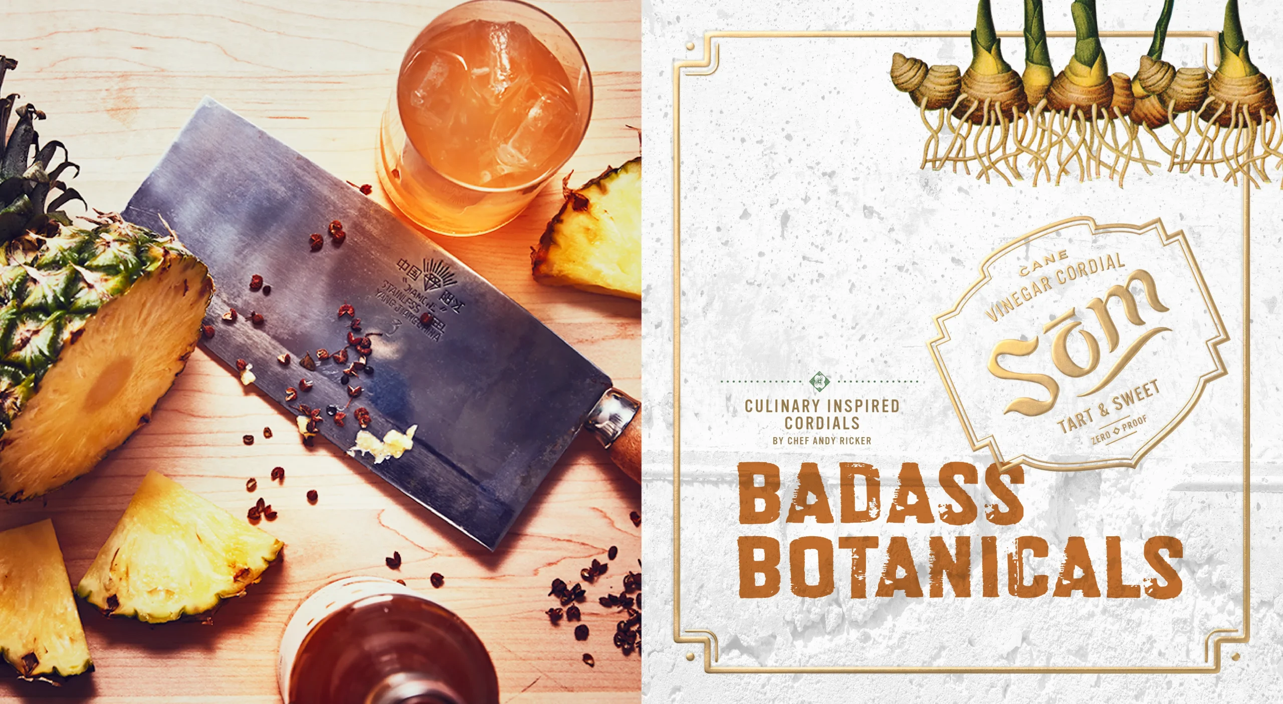Som Cane Vinegar Cordials brand design system showcasing brand positioning, culinary brand storytelling, and campaign identity.<br />
