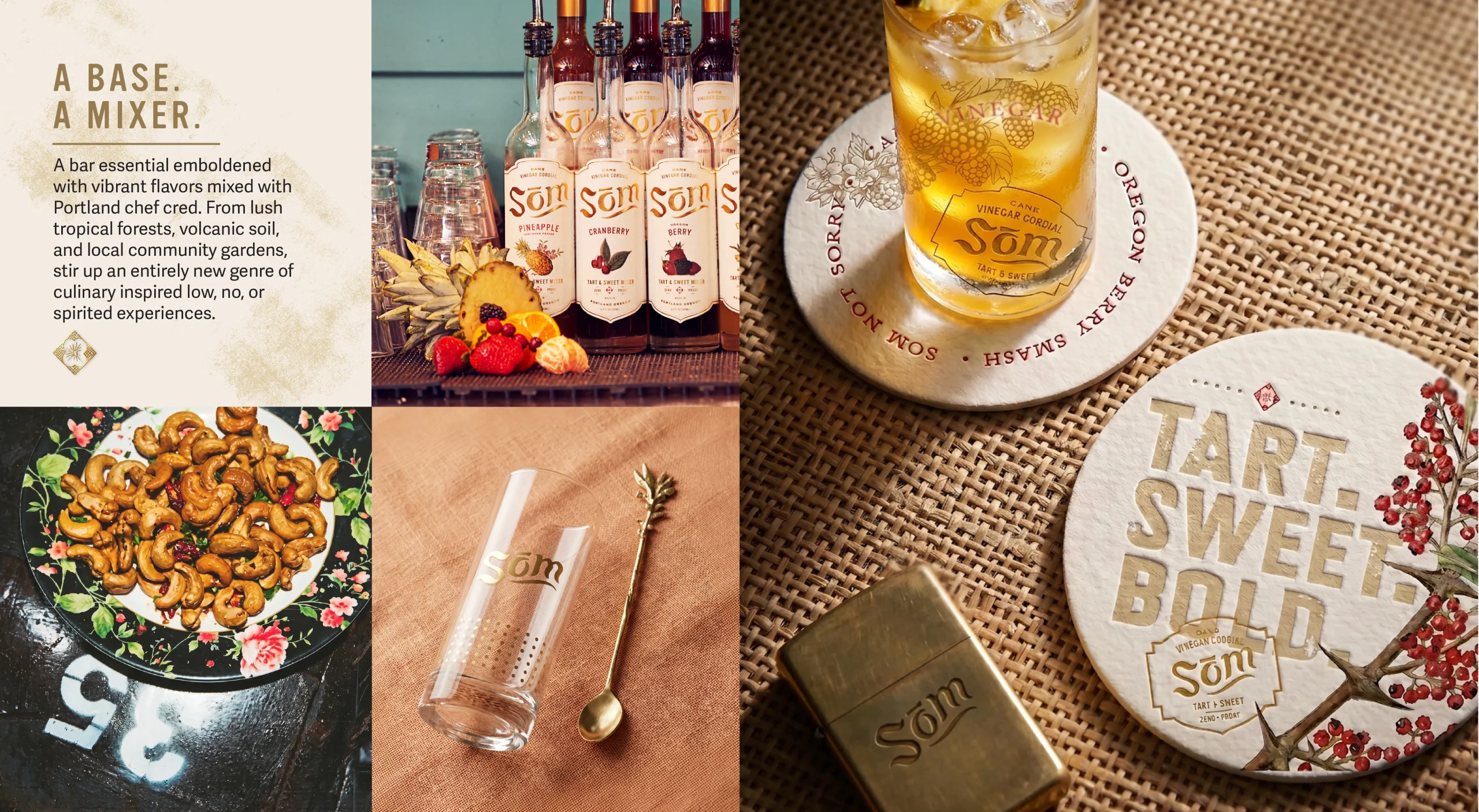 Som Cane Vinegar Cordials brand design system featuring product photography, branded barware, coaster design, on-premise collateral, and visual identity.<br />
