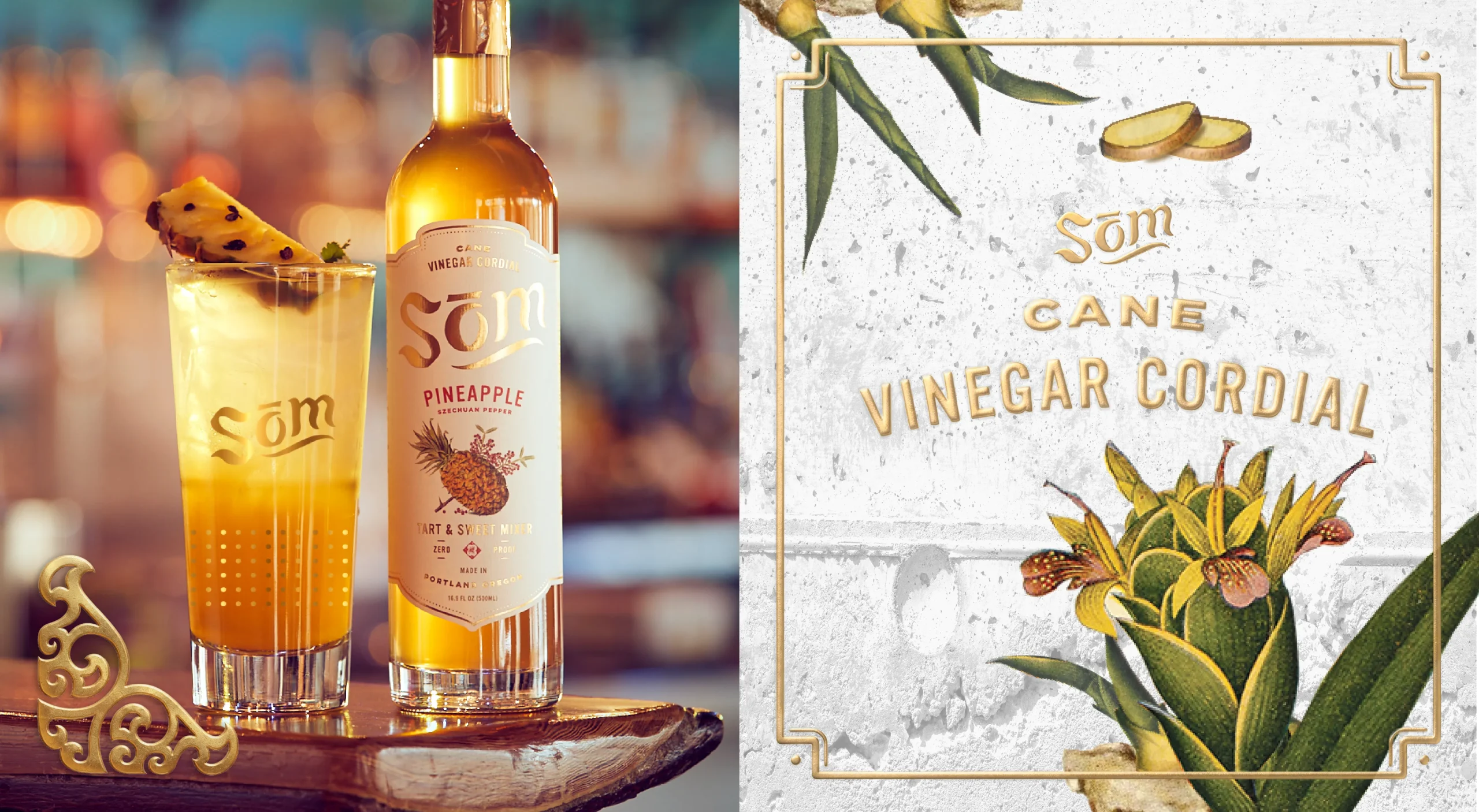 Som Cane Vinegar Cordials brand design system showcasing branded barware, on-premise marketing, and botanical illustration.<br />
