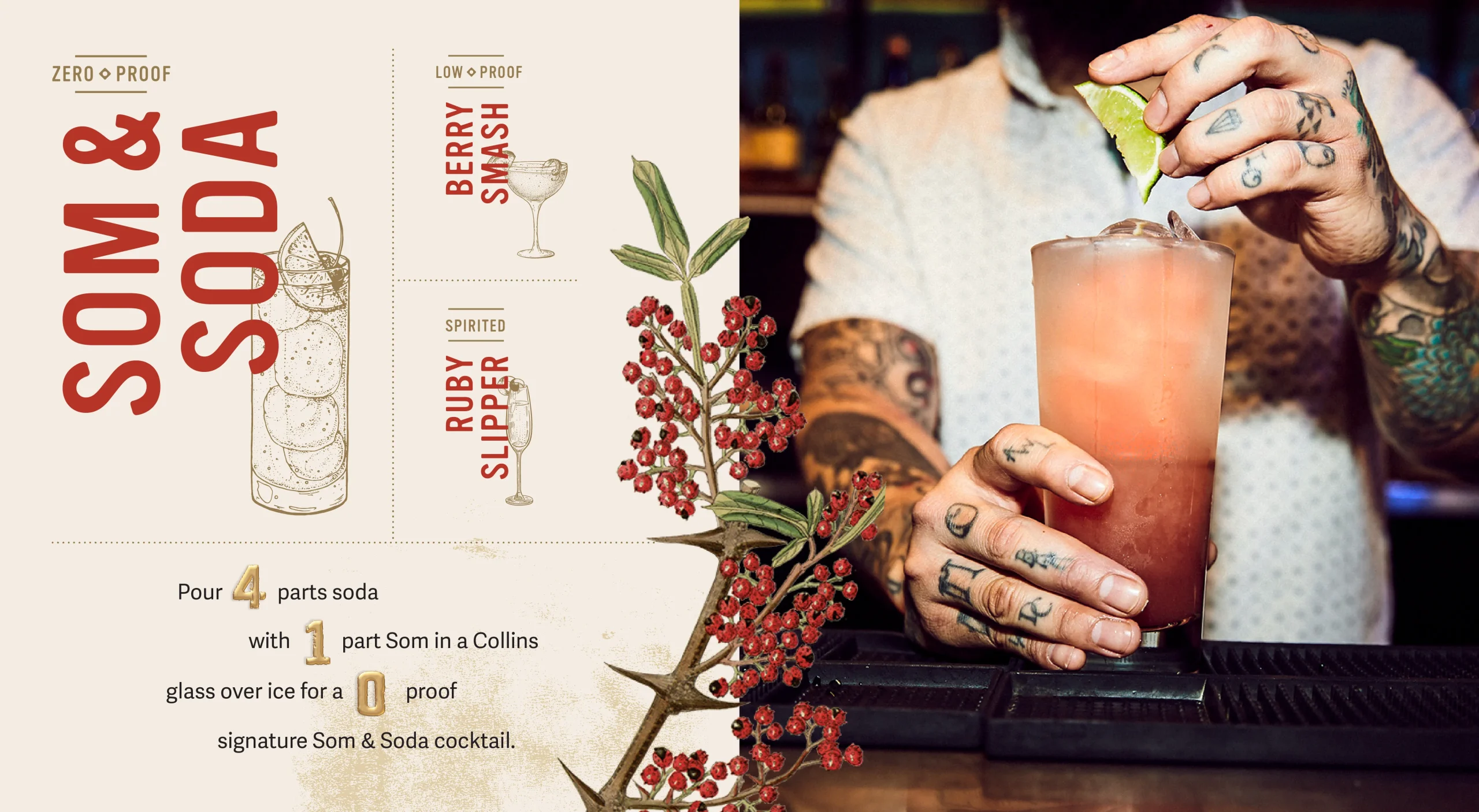 Som Cane Vinegar Cordials brand design system showcasing serve strategy, recipe card design, and on-premise marketing.<br />
