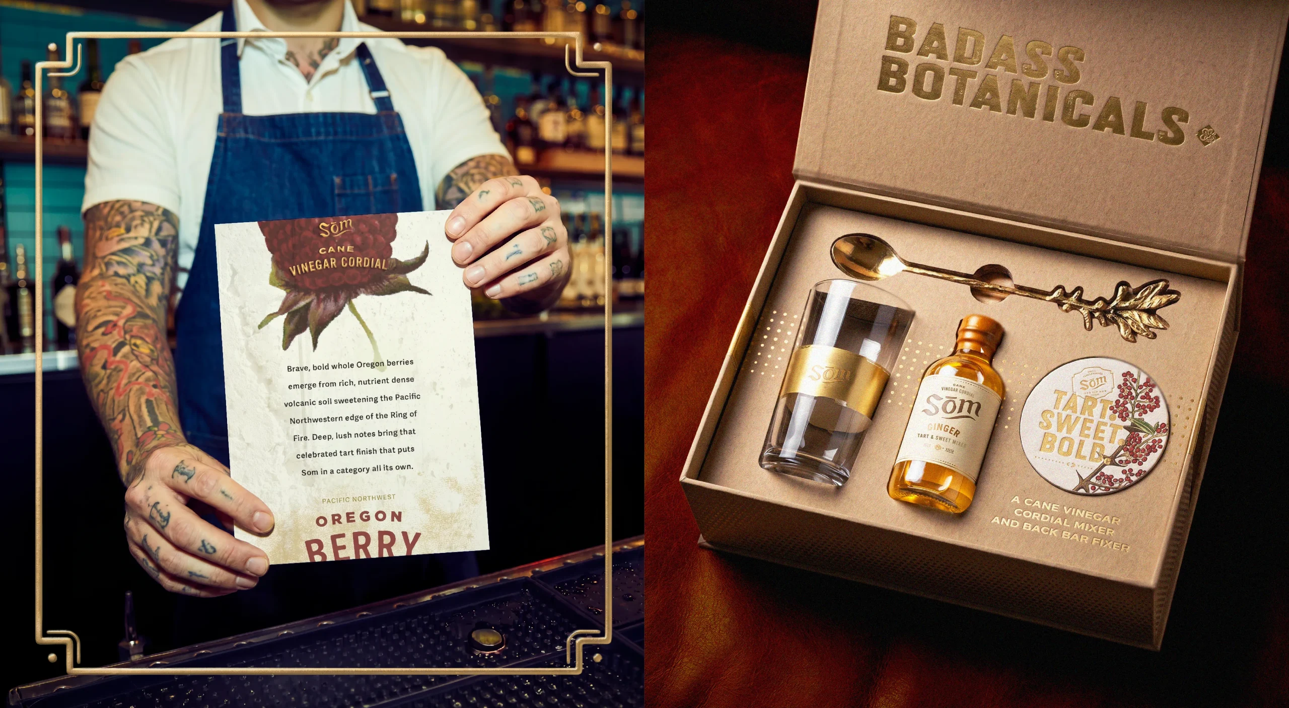 Som Cane Vinegar Cordials brand design system featuring on-premise marketing, print collateral, and influencer kit design.<br />
