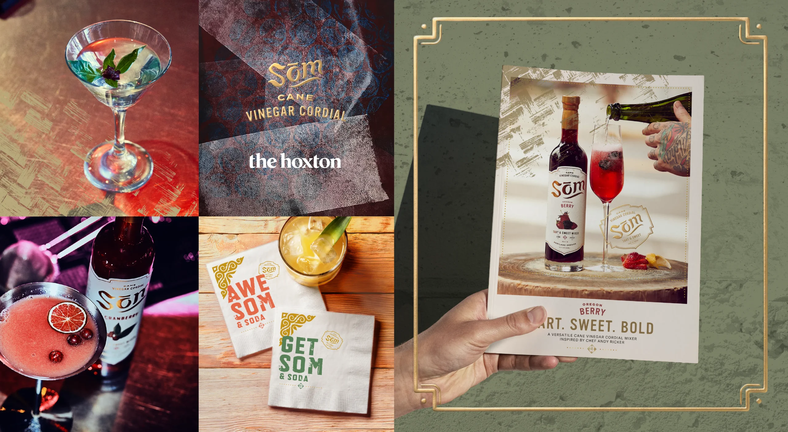 Som Cane Vinegar Cordials brand design system showcasing on-premise marketing, print collateral, branded napkin design, and sell sheet design.<br />
