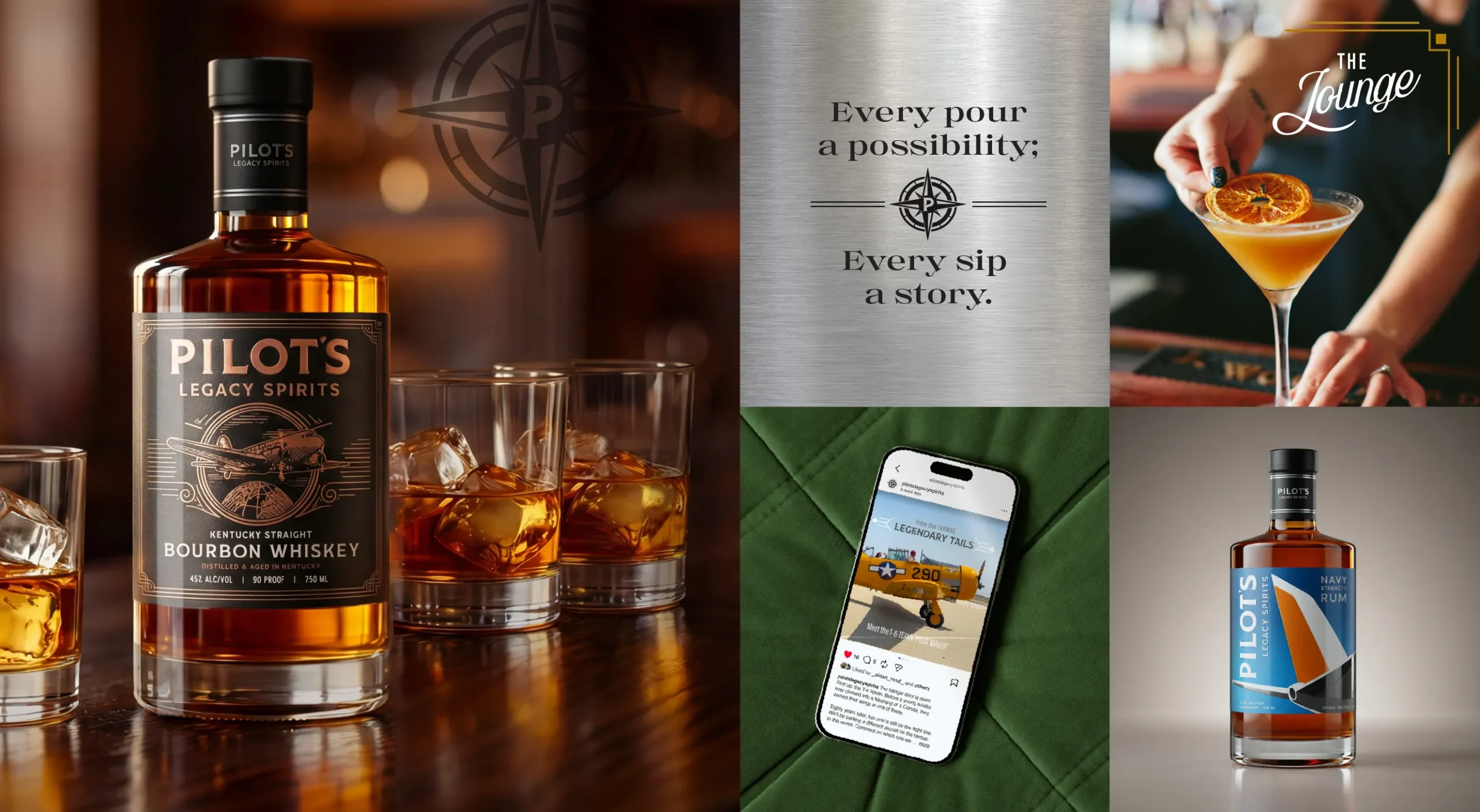 "Pilot's Legacy Spirits brand design system featuring Bourbon whiskey packaging, brand tagline and messaging, cocktail lounge identity, Navy Strength Rum packaging, and social media campaign design.<br />
