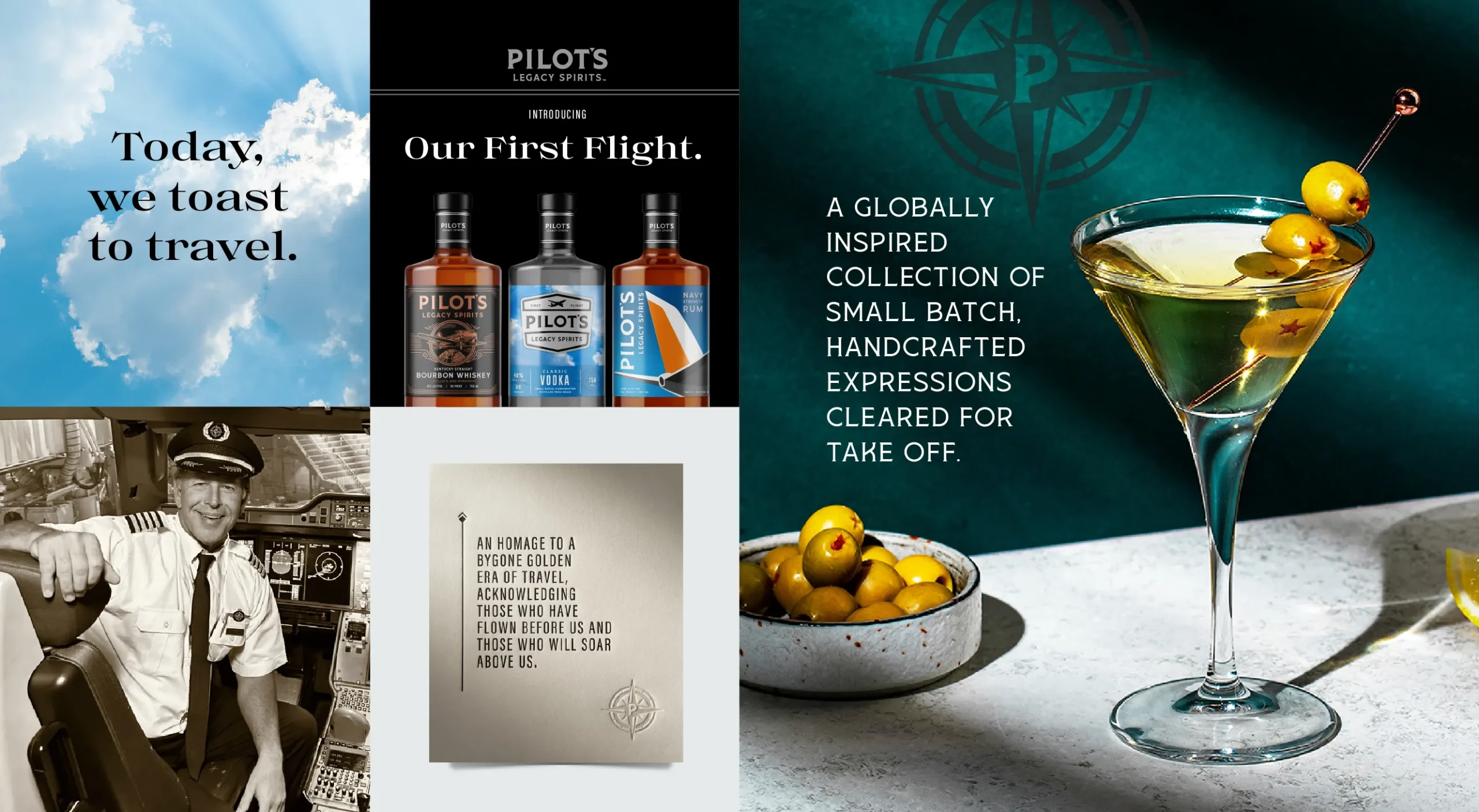 "Pilot's Legacy Spirits brand design system featuring three-expression product lineup, brand storytelling, print collateral, founder photography, and lifestyle cocktail photography.<br />
