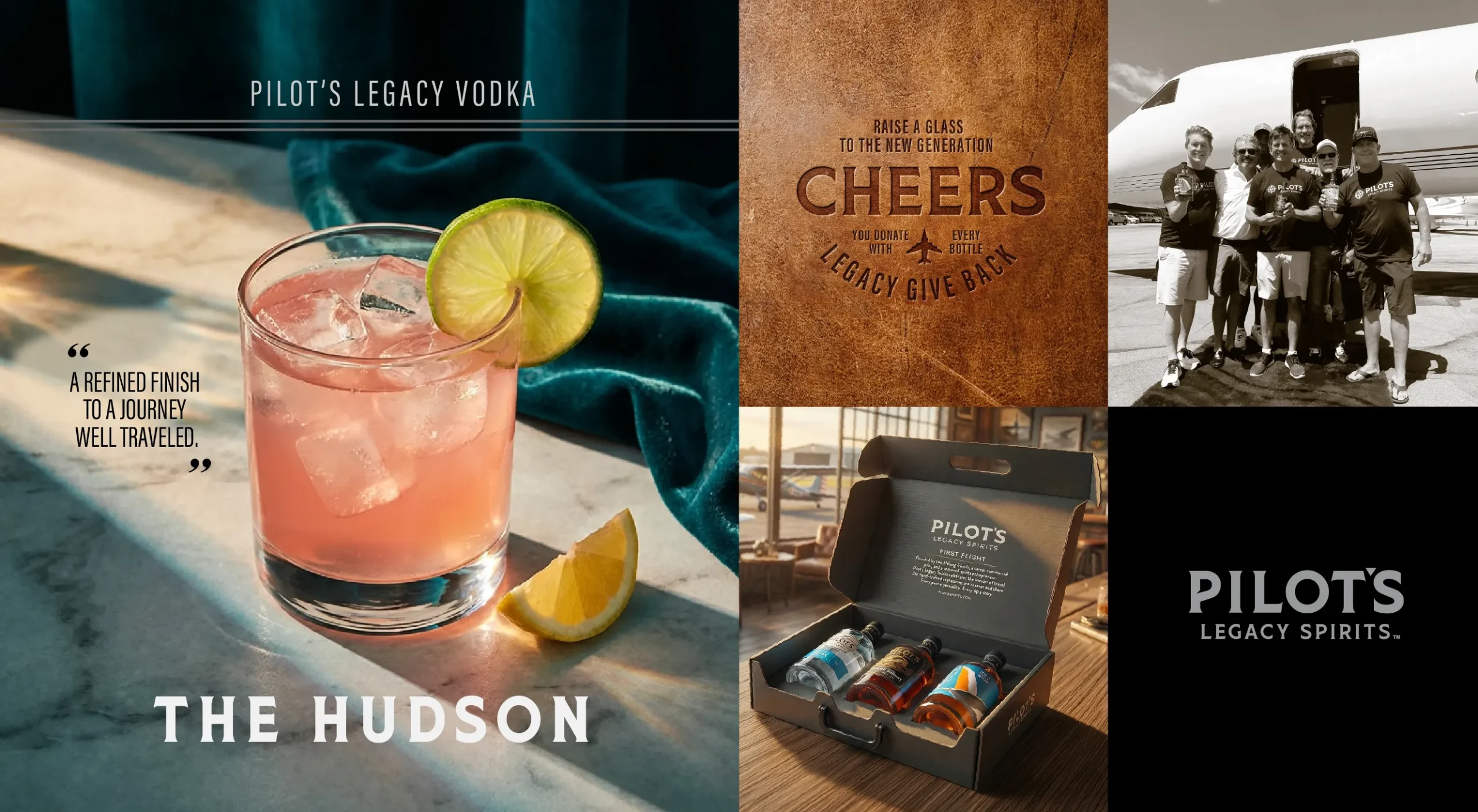 Pilot's Legacy Spirits brand design system featuring cocktail recipe design, serve strategy, social media campaign design, print collateral, lifestyle, and cocktail photography.<br />
