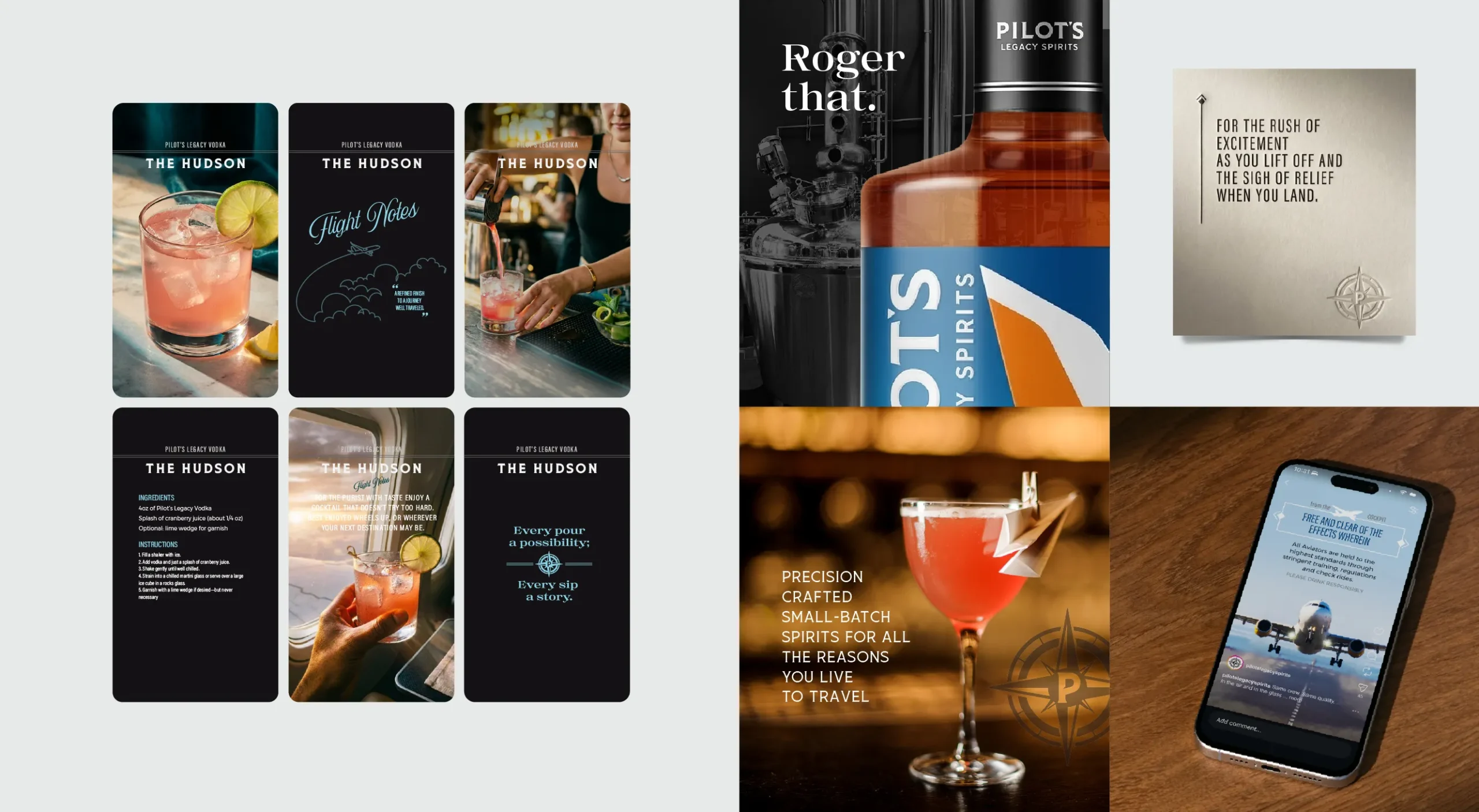 Pilot's Legacy Spirits brand and package design system showcasing serve strategy, social media campaign design, print collateral and cocktail photography.<br />

