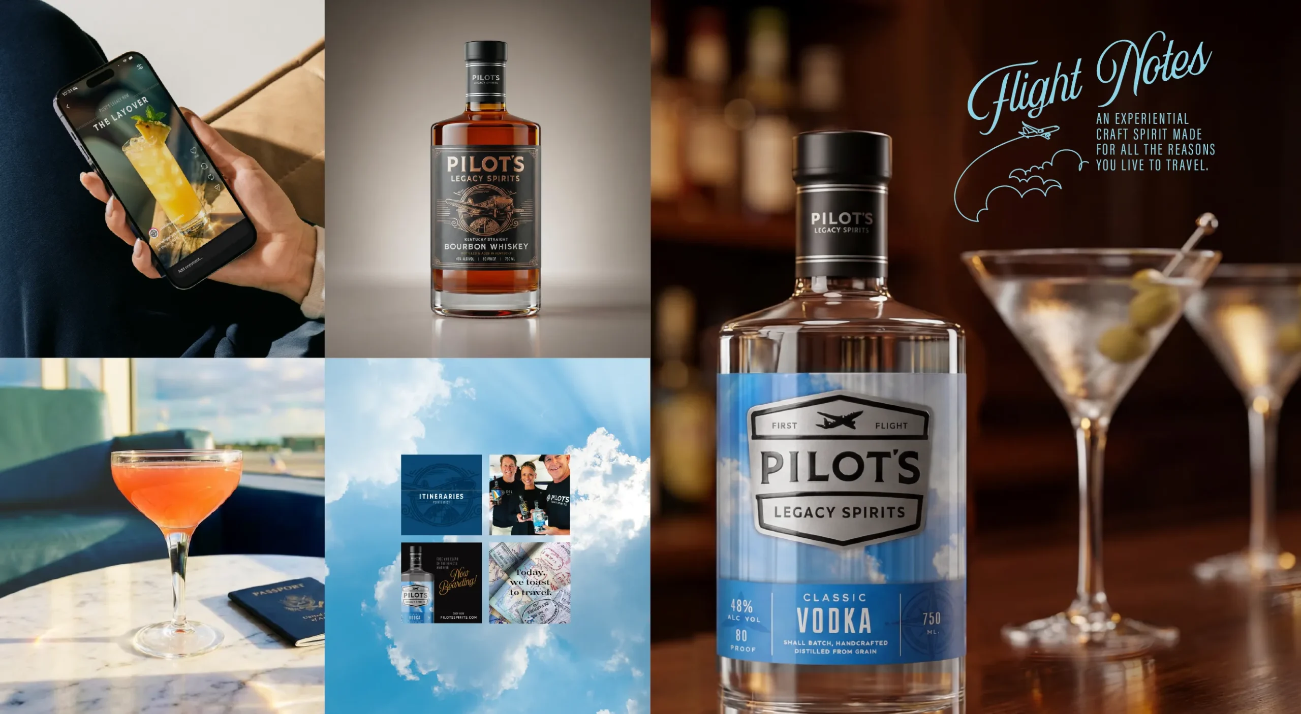 Pilot's Legacy Spirits brand design system featuring Bourbon and Vodka packaging, digital marketing, social media content grid, serve strategy, and Flight Notes cocktail program identity.<br />
