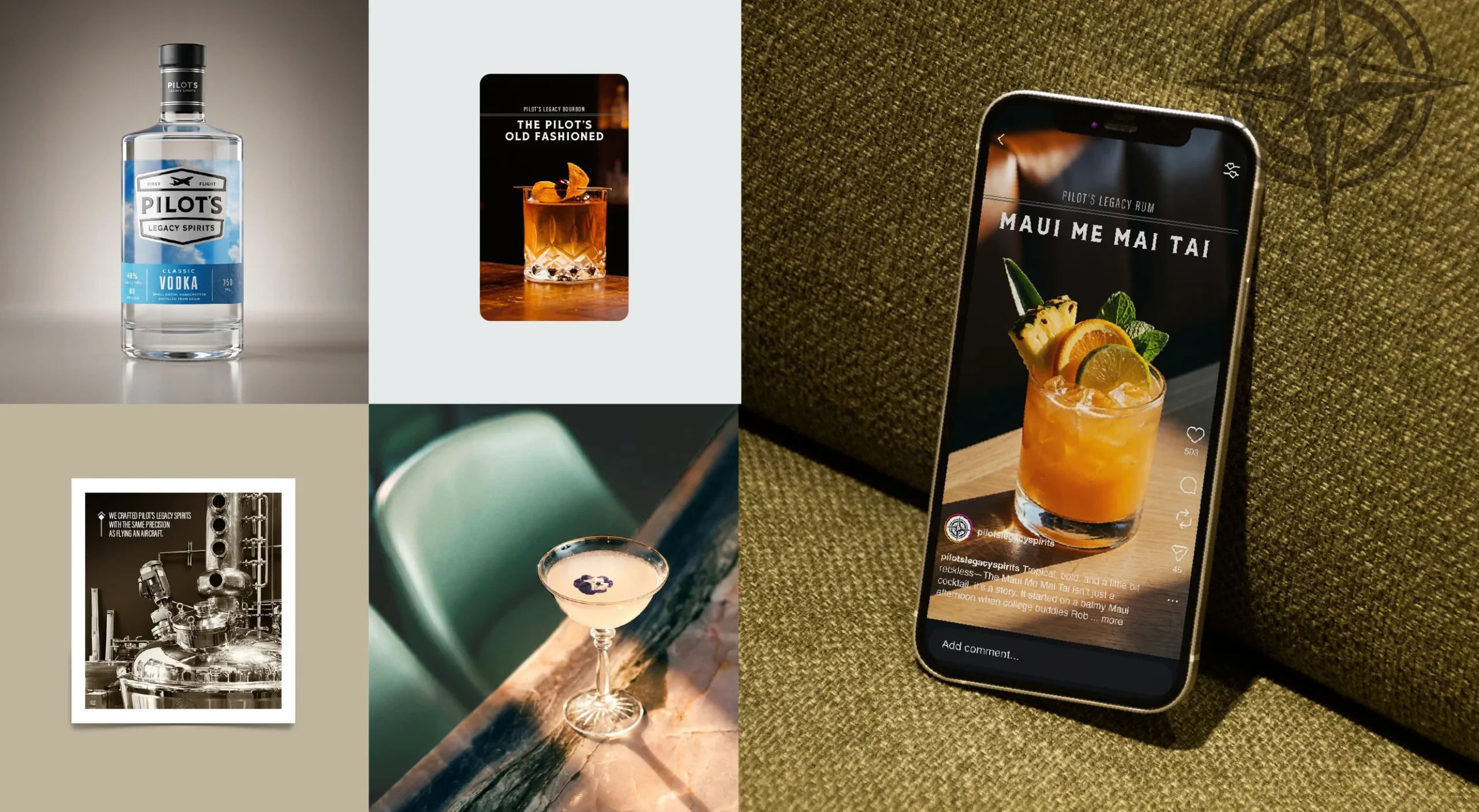 Pilot's Legacy Spirits brand design system featuring Vodka packaging, cocktail recipe content design, distillery photography, social media content design, and serve strategy.<br />
