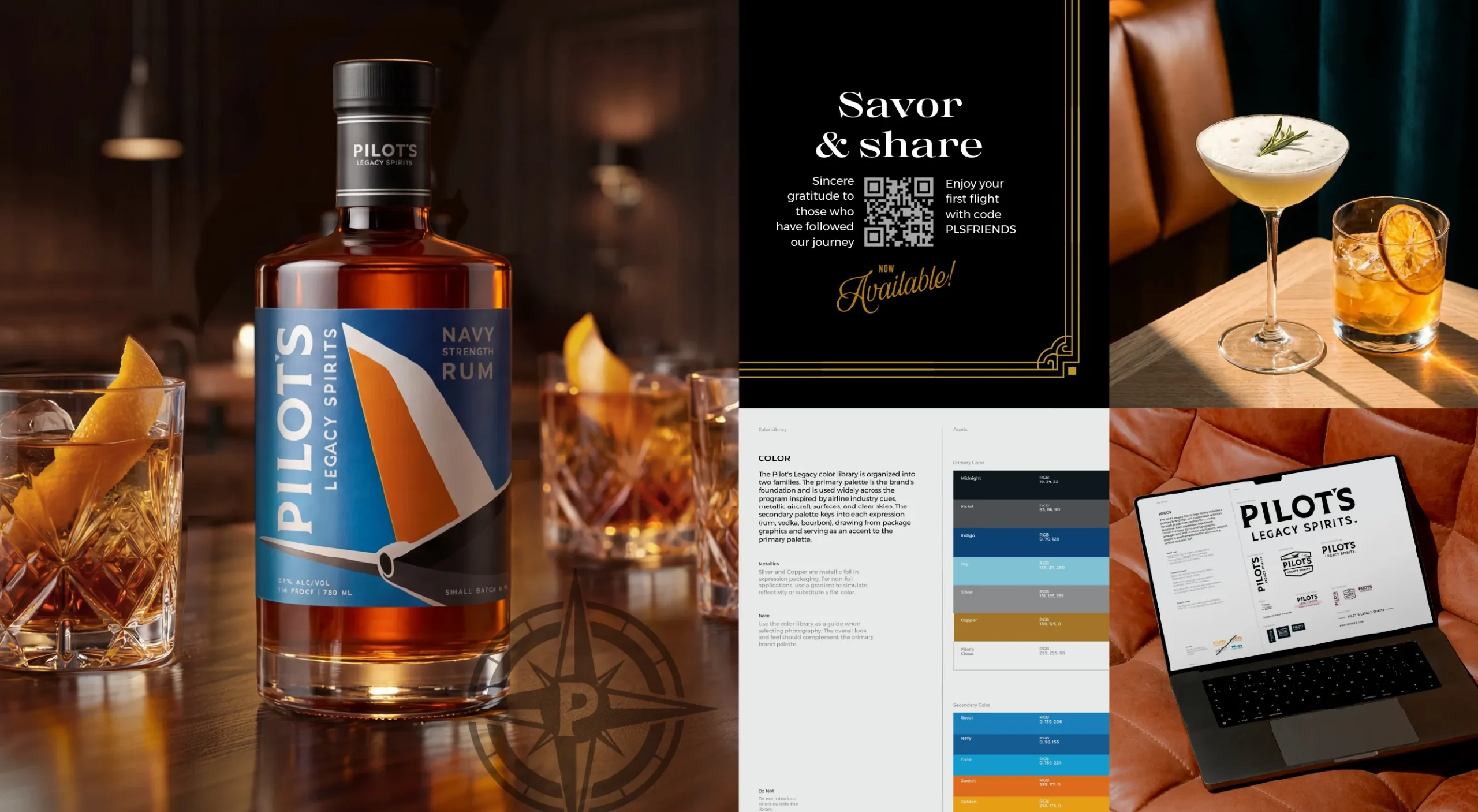 Pilot's Legacy Spirits brand design system featuring Navy Strength Rum packaging, brand activation campaign, cocktail photography, color library, and brand guidelines system.<br />
